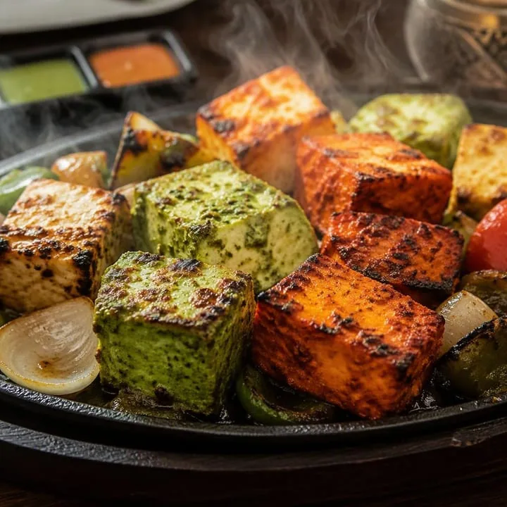 Plate of grilled paneer starters with marinade glaze at Nouba Restaurant and Rooftop Lounge, C-Scheme Jaipur