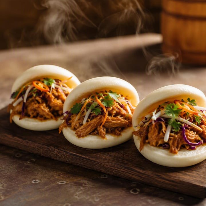 Steamed bao buns with pulled fillings on a plate at Nouba Restaurant and Rooftop Lounge, C-Scheme Jaipur