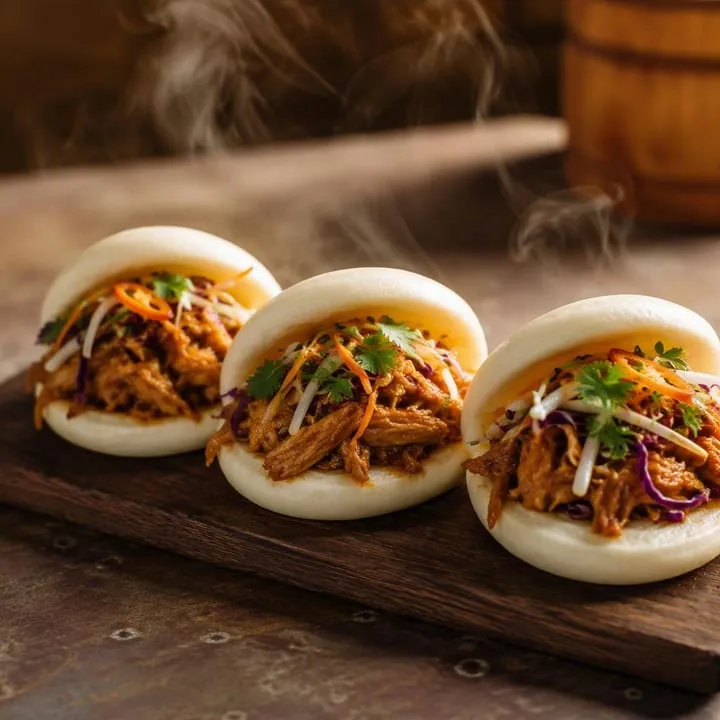 Steamed bao buns with pulled fillings on a plate at Nouba Restaurant and Rooftop Lounge, C-Scheme Jaipur