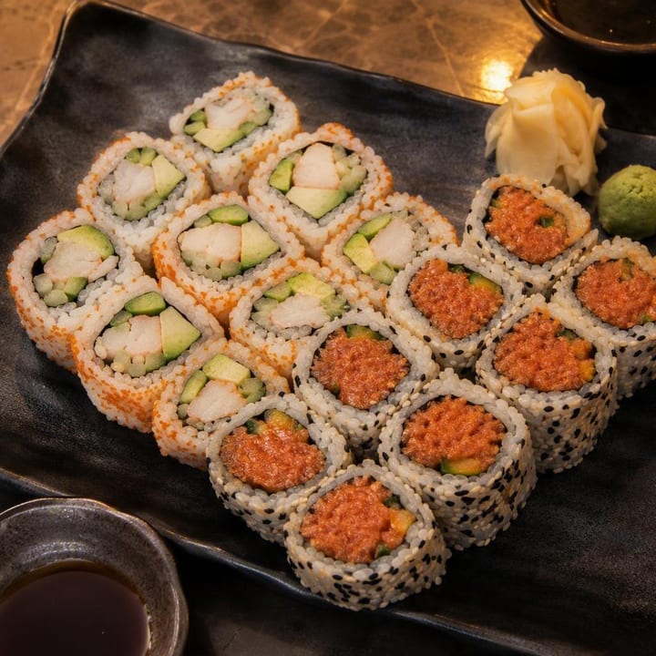 Assortment of fresh sushi rolls on a black slate plate at Nouba Restaurant and Rooftop Lounge, C-Scheme Jaipur
