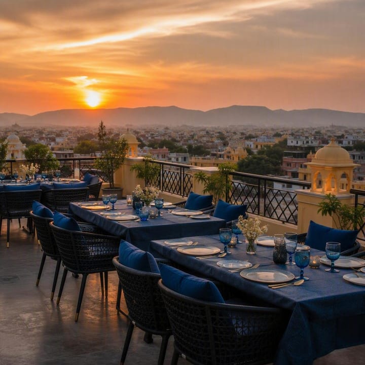 Rooftop tables set for private group dining with Jaipur skyline view at Nouba Restaurant and Rooftop Lounge, C-Scheme Jaipur