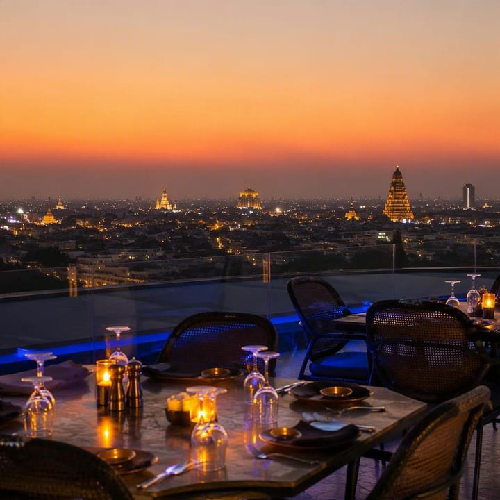 Rooftop tables set for dinner with Jaipur skyline view at Nouba Restaurant and Rooftop Lounge, C-Scheme Jaipur