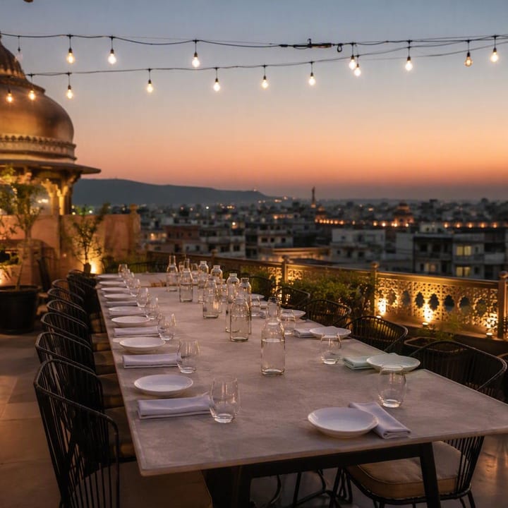 Rooftop tables set for a family group dinner at Nouba Restaurant and Rooftop Lounge C-Scheme Jaipur