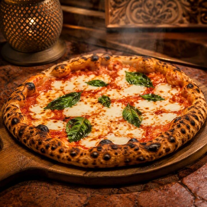 Fresh wood fired Neapolitan pizza on wooden board with cheese pull at Nouba Restaurant and Rooftop Lounge, C-Scheme Jaipur