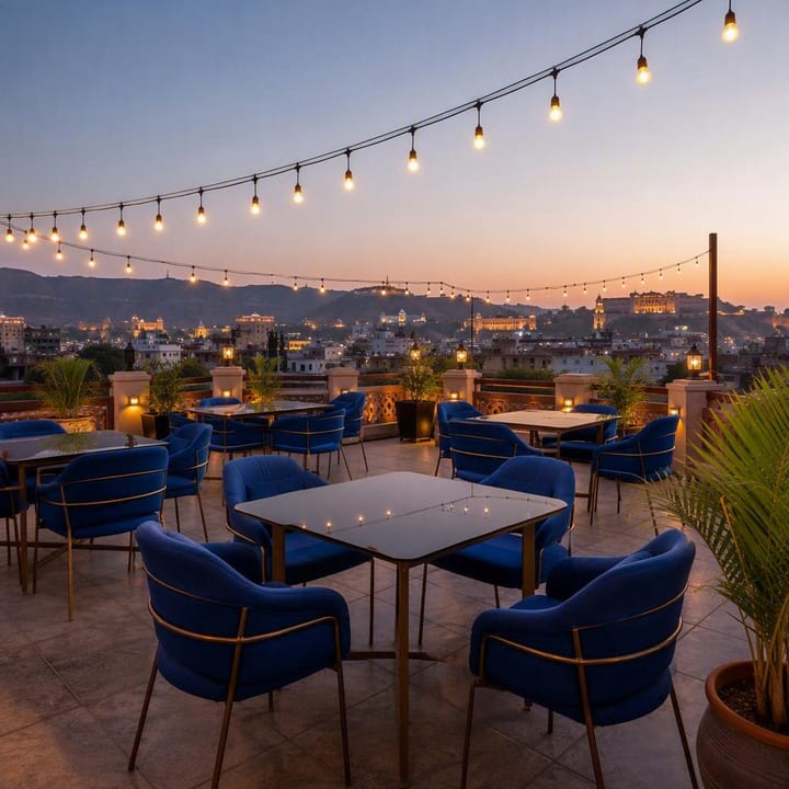 Electric blue rooftop tables with Jaipur skyline view at Nouba Restaurant and Rooftop Lounge, C-Scheme Jaipur