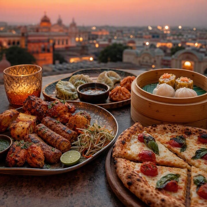 Family sharing plates on rooftop table with Jaipur skyline at Nouba Restaurant and Rooftop Lounge, C-Scheme Jaipur