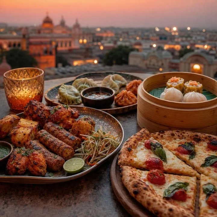 Family sharing plates on rooftop table with Jaipur skyline at Nouba Restaurant and Rooftop Lounge, C-Scheme Jaipur