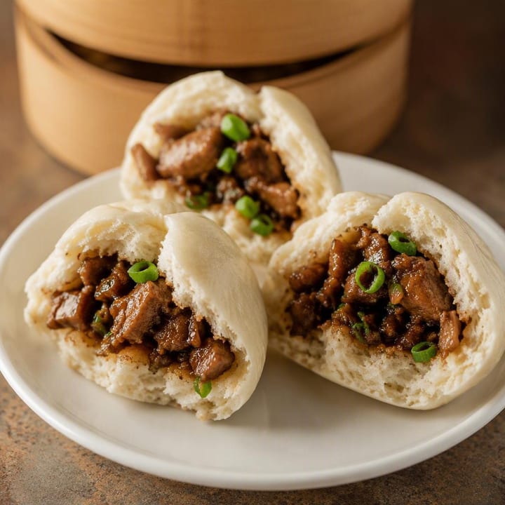 Steamed bao buns on a white plate with chopsticks at Nouba Restaurant and Rooftop Lounge, C-Scheme Jaipur