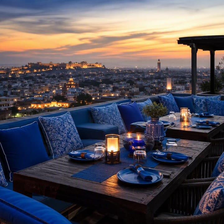 Rooftop tables with Jaipur skyline view at sunset at Nouba Restaurant and Rooftop Lounge, C-Scheme Jaipur