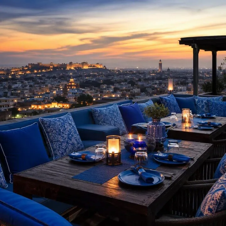 Rooftop tables with Jaipur skyline view at sunset at Nouba Restaurant and Rooftop Lounge, C-Scheme Jaipur