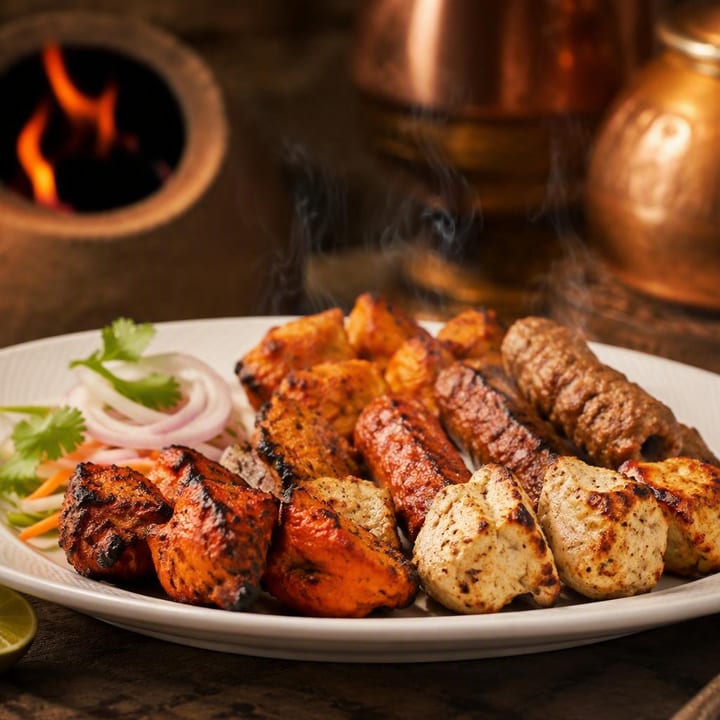 Kebab platter with skewers on a plate at Nouba Restaurant and Rooftop Lounge, C-Scheme Jaipur