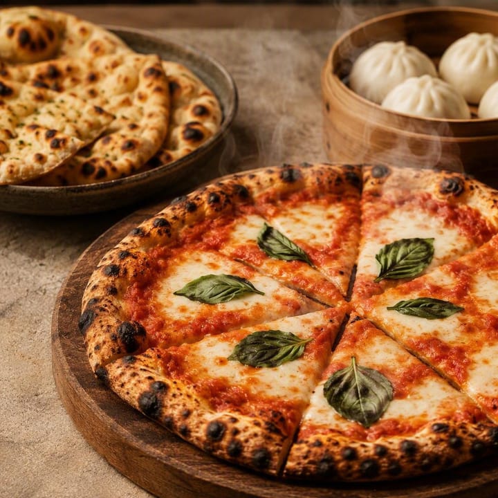 Margherita pizza on wooden board with tandoor naan and dim sum in background at Nouba Restaurant and Rooftop Lounge, C-Scheme Jaipur