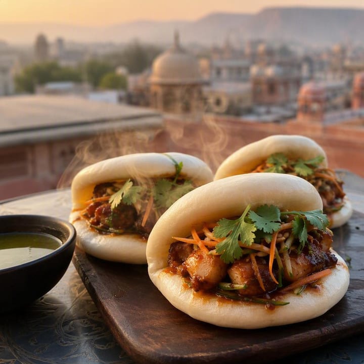 Steaming bao buns on a plate with skyline view at Nouba Restaurant and Rooftop Lounge, C-Scheme Jaipur