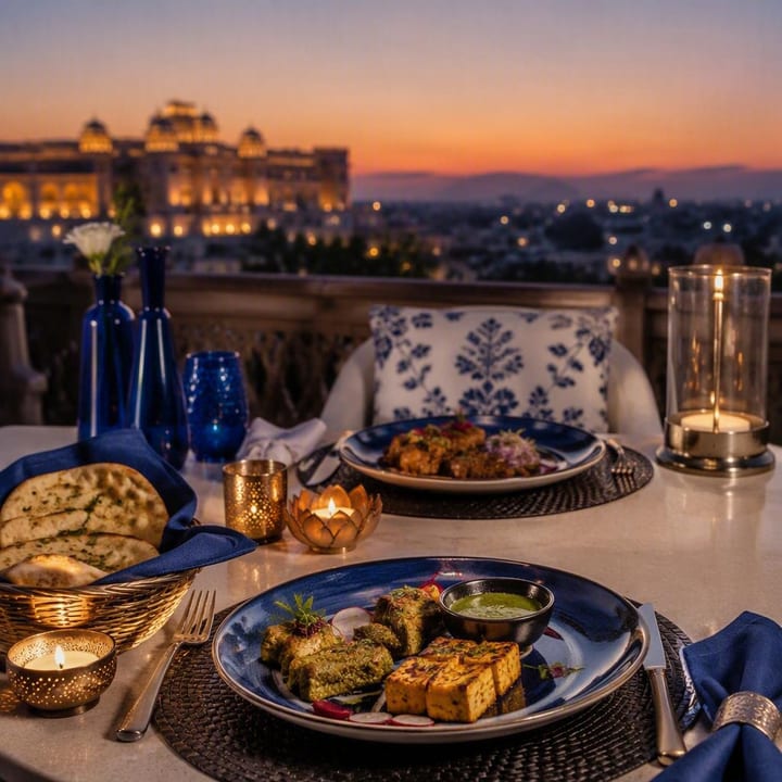 Rooftop table set for two with candles and skyline view at Nouba Restaurant and Rooftop Lounge, C-Scheme Jaipur