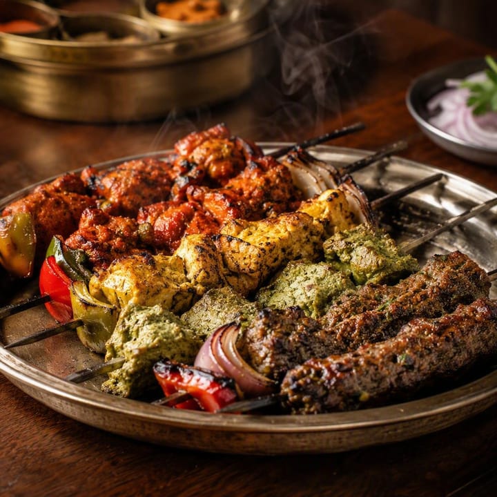 Kebab platter with skewers on a metal tray at Nouba Restaurant and Rooftop Lounge, C-Scheme Jaipur