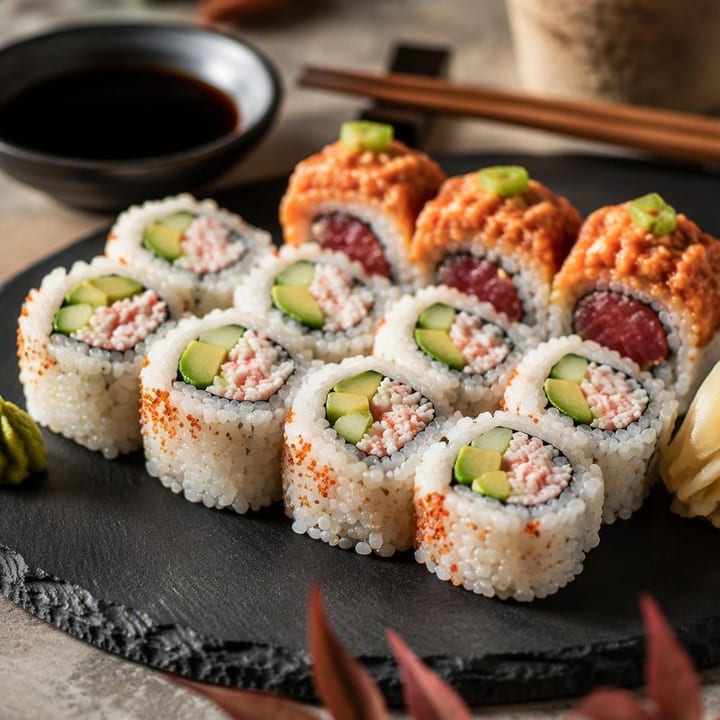 Assortment of sushi rolls on a sharing platter at Nouba Restaurant and Rooftop Lounge, C-Scheme Jaipur