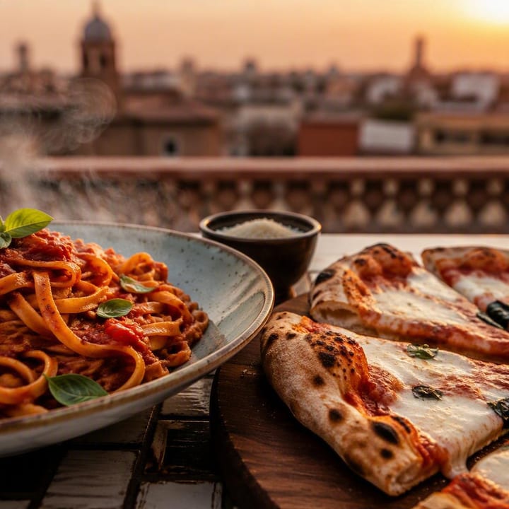Plate of pasta and wood-fired pizza on table at Nouba Restaurant and Rooftop Lounge, C-Scheme Jaipur