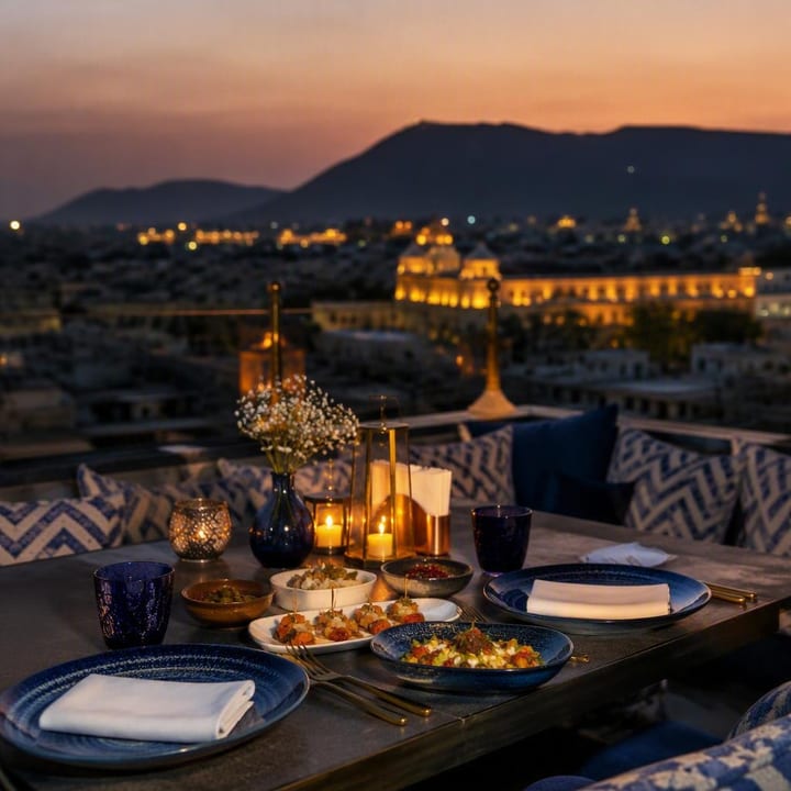 Rooftop table set for two with skyline view at night at Nouba Restaurant and Rooftop Lounge, C-Scheme Jaipur