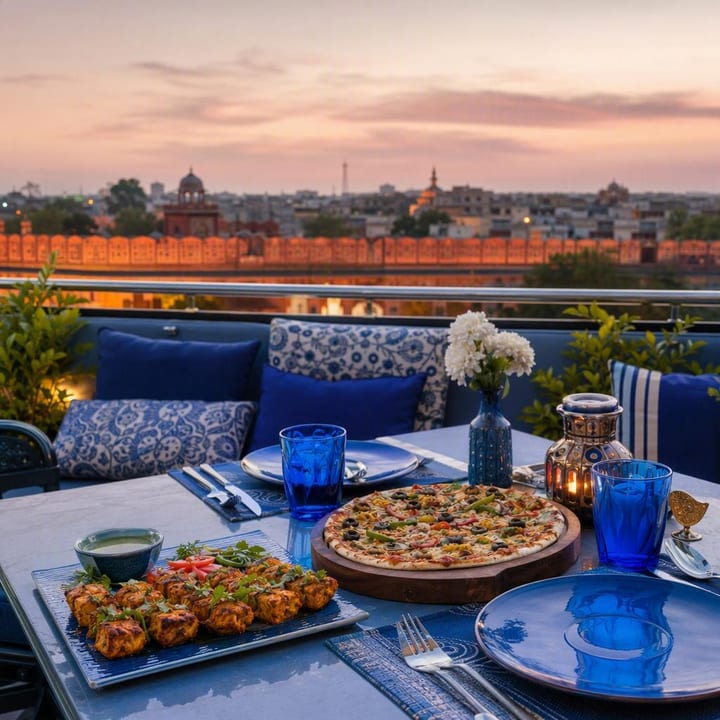 Rooftop table set for family dinner with skyline view at Nouba Restaurant and Rooftop Lounge, C-Scheme Jaipur