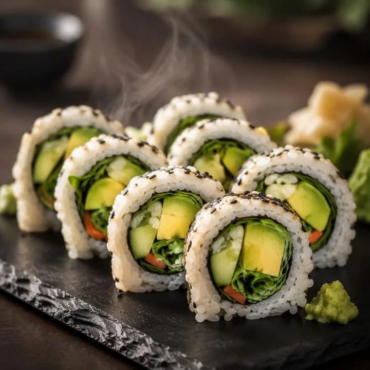 Vegetarian sushi rolls on plate with chopsticks at Nouba Restaurant and Rooftop Lounge, C-Scheme Jaipur
