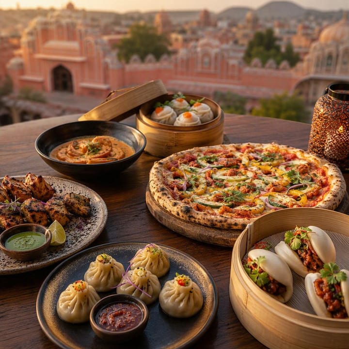Set table with shared plates from three kitchens at Nouba Restaurant and Rooftop Lounge, C-Scheme Jaipur