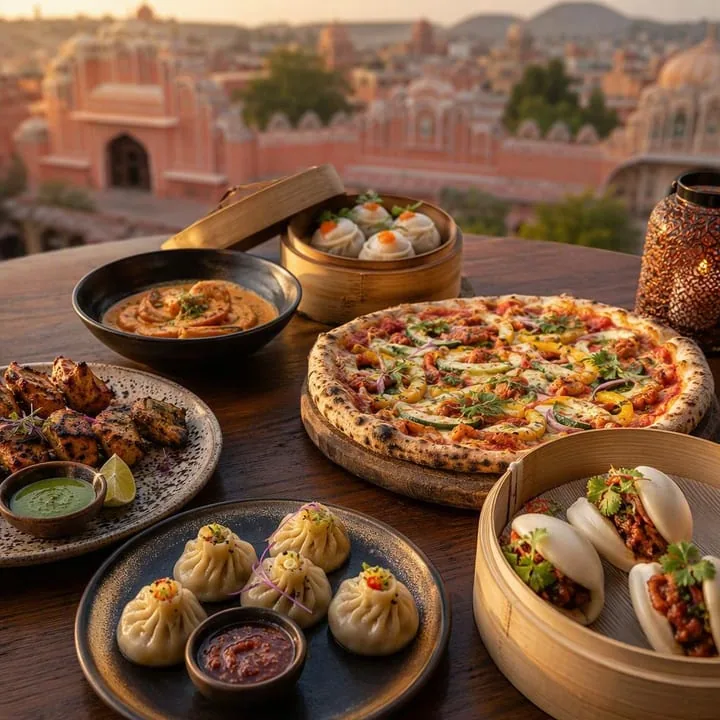 Set table with shared plates from three kitchens at Nouba Restaurant and Rooftop Lounge, C-Scheme Jaipur