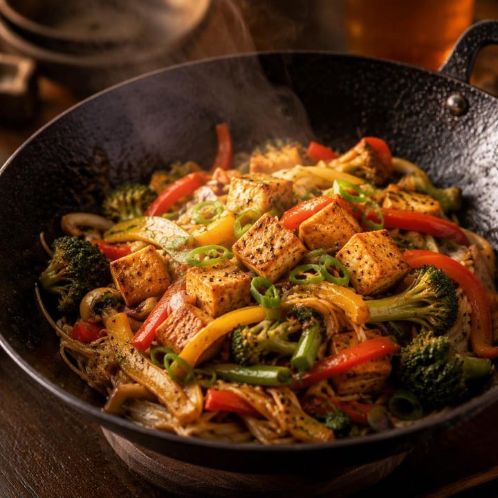 Steaming vegetarian wok dish with vegetables and noodles at Nouba Restaurant and Rooftop Lounge, C-Scheme Jaipur