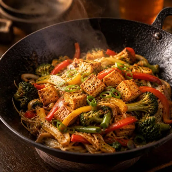 Steaming vegetarian wok dish with vegetables and noodles at Nouba Restaurant and Rooftop Lounge, C-Scheme Jaipur
