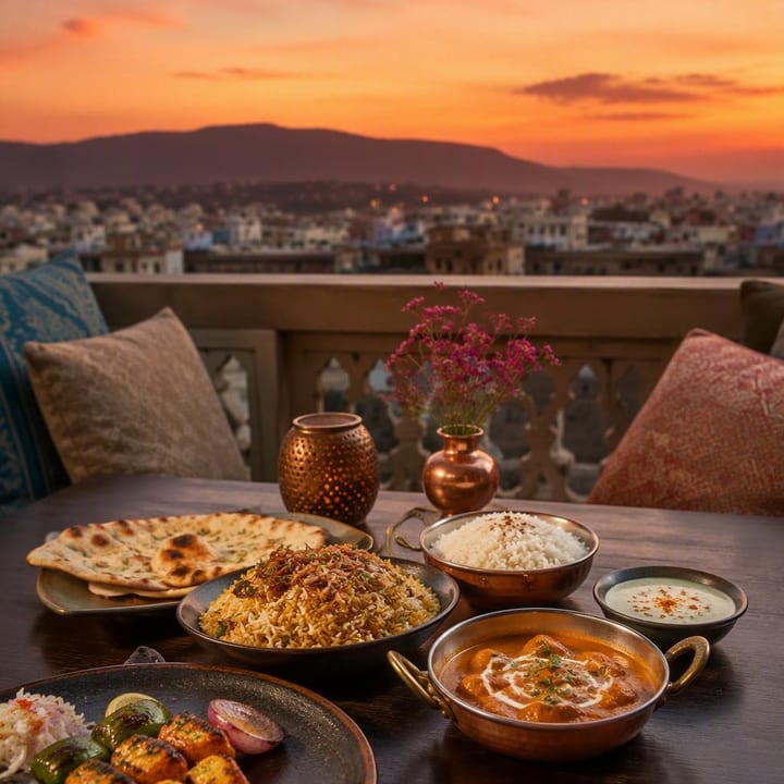 Rooftop tables with Jaipur skyline view at night at Nouba Restaurant and Rooftop Lounge, C-Scheme Jaipur