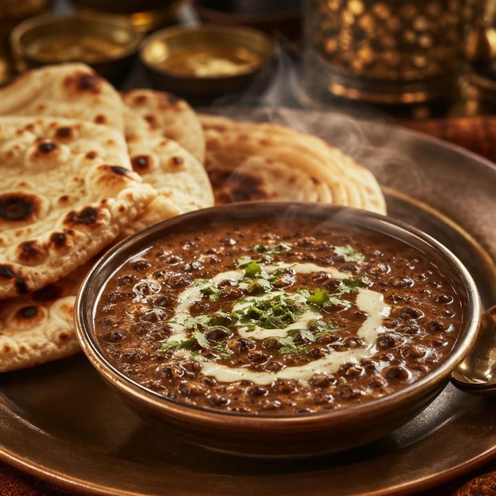 Steaming bowl of dal makhani with naan and laccha paratha on a table at Nouba Restaurant and Rooftop Lounge, C-Scheme Jaipur
