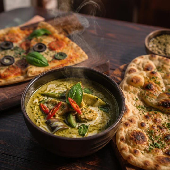 Steaming Thai curry bowl with naan and pizza slice beside it at Nouba Restaurant and Rooftop Lounge, C-Scheme Jaipur