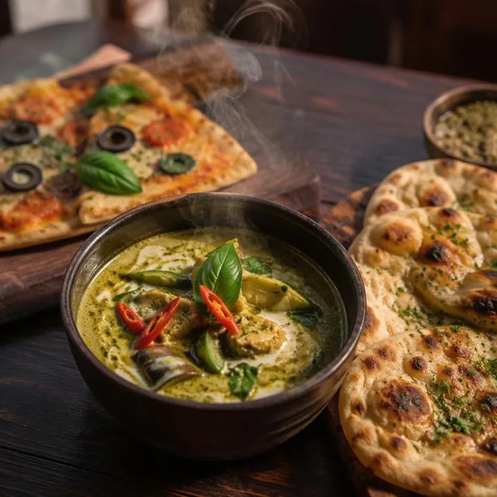 Steaming Thai curry bowl with naan and pizza slice beside it at Nouba Restaurant and Rooftop Lounge, C-Scheme Jaipur