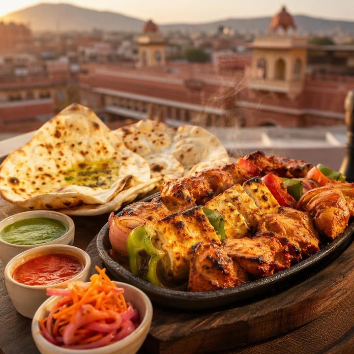Tandoor grill platter with skewers on a sharing plate at Nouba Restaurant and Rooftop Lounge, C-Scheme Jaipur