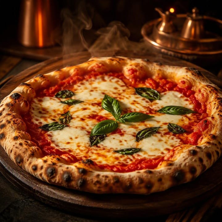 Fresh margherita pizza from wood-fired oven with melted cheese and basil on blistered crust at Nouba Restaurant and Rooftop Lounge, C-Scheme Jaipur