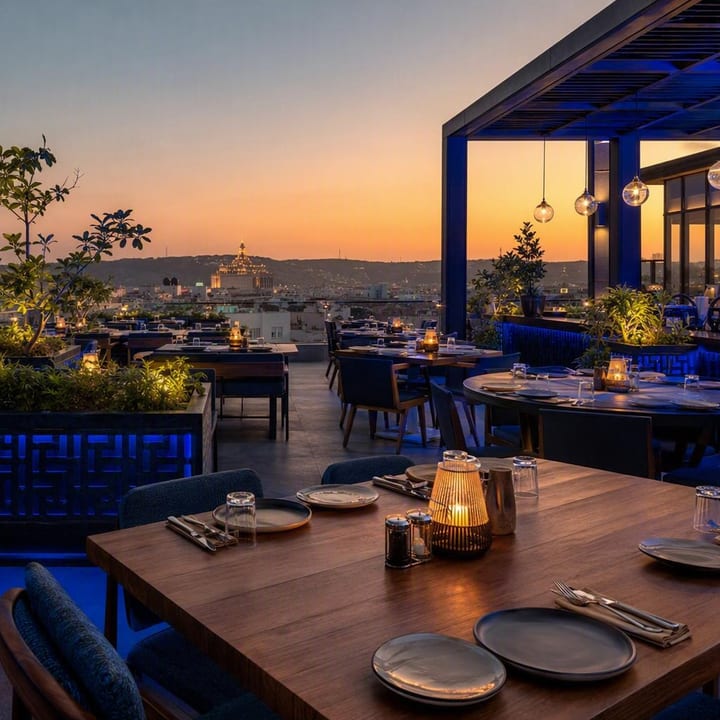 Rooftop tables with Jaipur skyline view at night at Nouba Restaurant and Rooftop Lounge, C-Scheme Jaipur