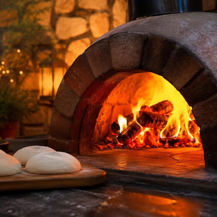 Wood-fired Neapolitan pizza oven with fresh dough and flames visible at Nouba Restaurant and Rooftop Lounge, C-Scheme Jaipur
