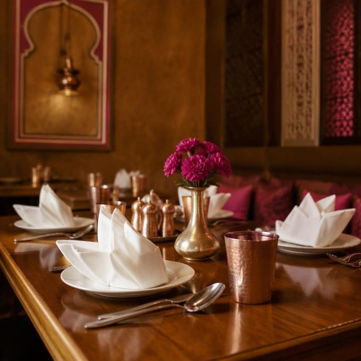 Brown and magenta decor in the indoor 3rd floor dining room with tables set for small groups at Nouba Restaurant and Rooftop Lounge, C-Scheme Jaipur