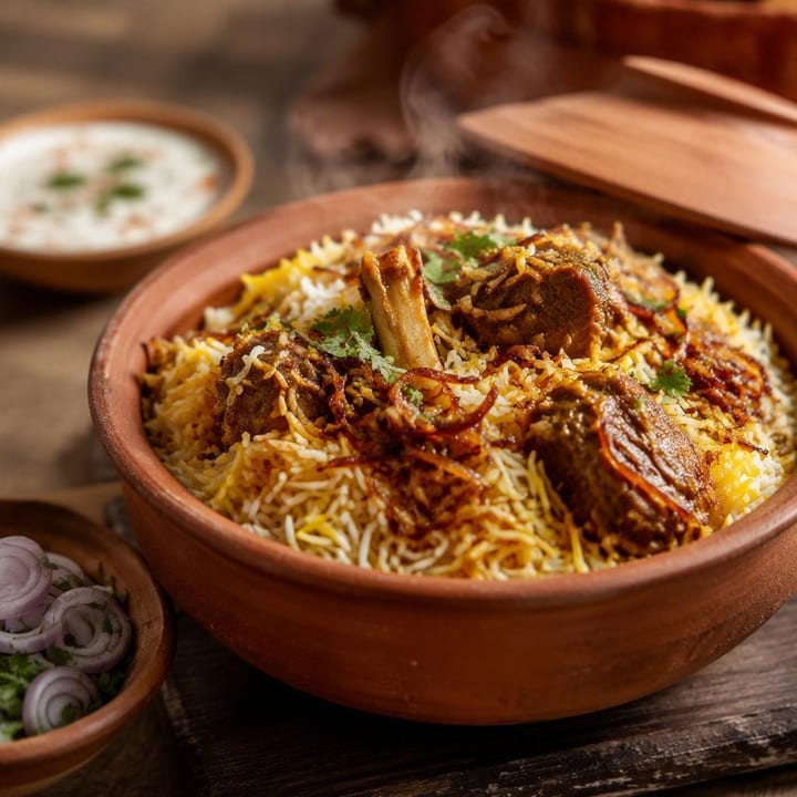 Steaming biryani pot with saffron rice and garnishes at Nouba Restaurant and Rooftop Lounge, C-Scheme Jaipur