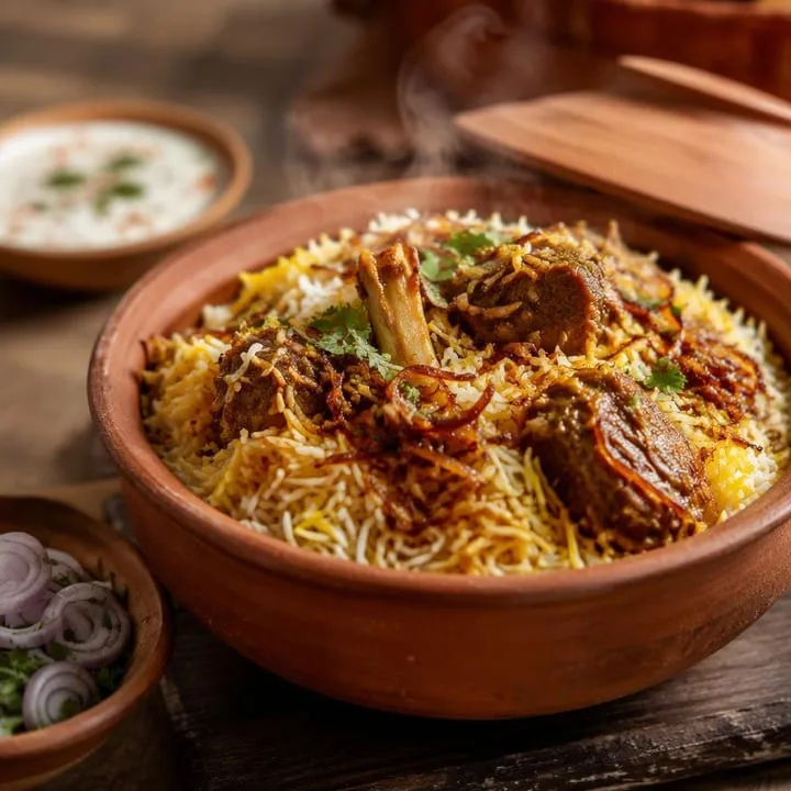 Steaming biryani pot with saffron rice and garnishes at Nouba Restaurant and Rooftop Lounge, C-Scheme Jaipur
