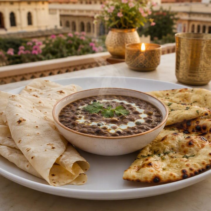 bowl of dal makhani with naan breads and rumali roti on sharing plate at Nouba Restaurant and Rooftop Lounge, C-Scheme Jaipur