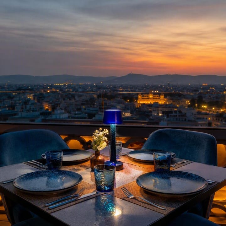 Rooftop table setup with skyline view at night at Nouba Restaurant and Rooftop Lounge, C-Scheme Jaipur