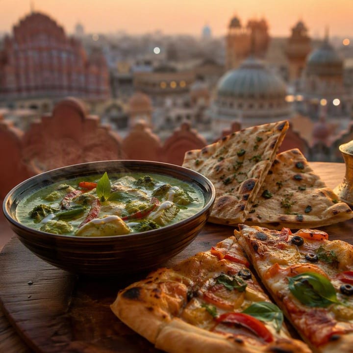 Thai curry dishes with breads and pizza slices on sharing platters at Nouba Restaurant and Rooftop Lounge, C-Scheme Jaipur