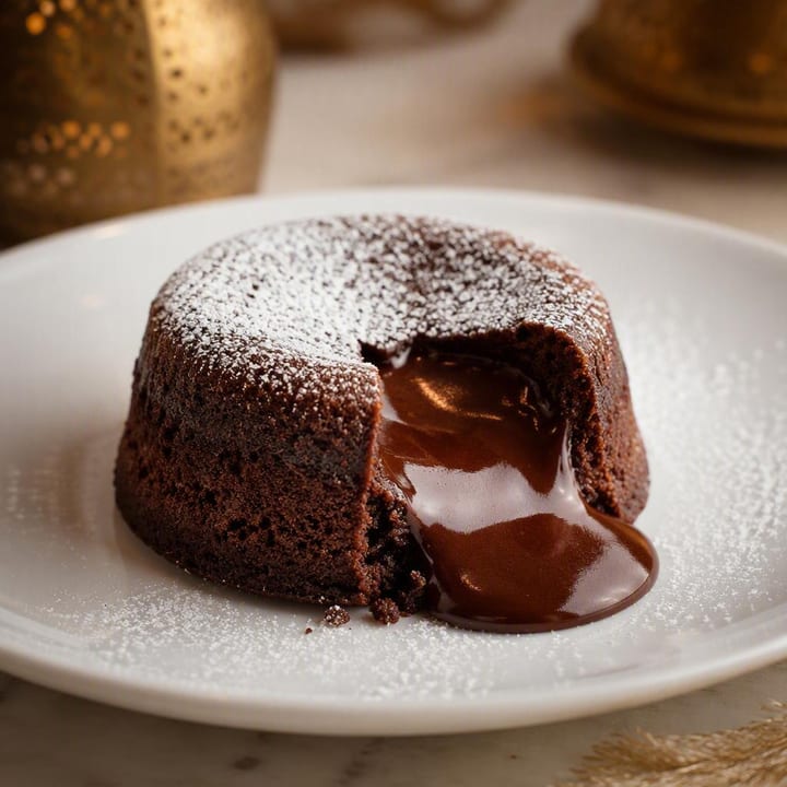 Close-up of warm chocolate lava cake with flowing center on white plate at Nouba Restaurant and Rooftop Lounge, C-Scheme Jaipur