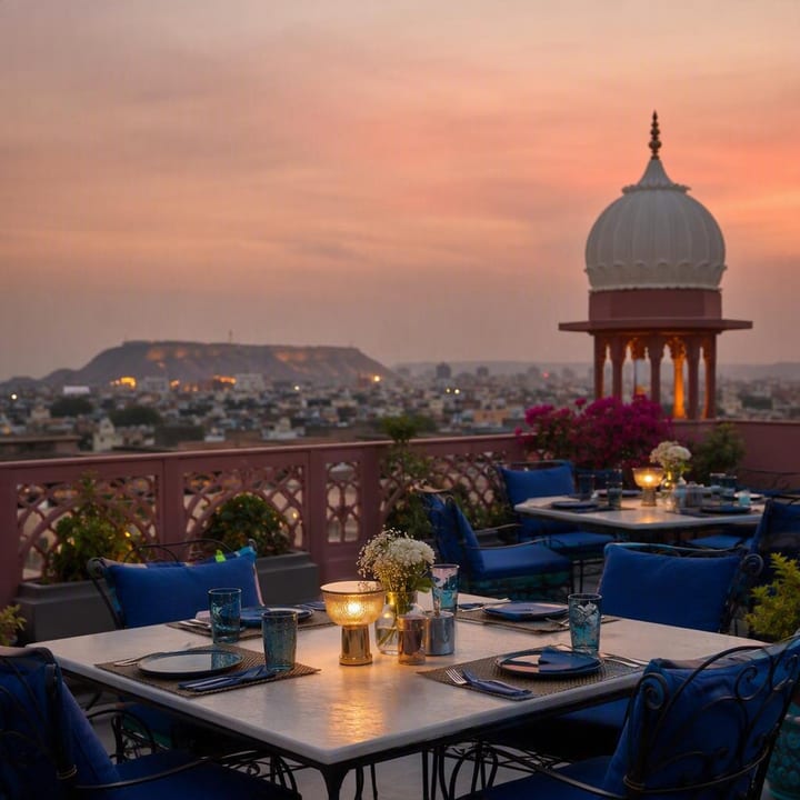 Rooftop tables with Jaipur skyline view at night at Nouba Restaurant and Rooftop Lounge, C-Scheme Jaipur