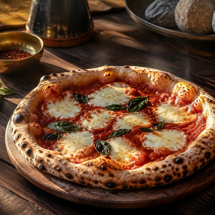 Wood fired Neapolitan pizza on a wooden board at Nouba Restaurant and Rooftop Lounge, C-Scheme Jaipur