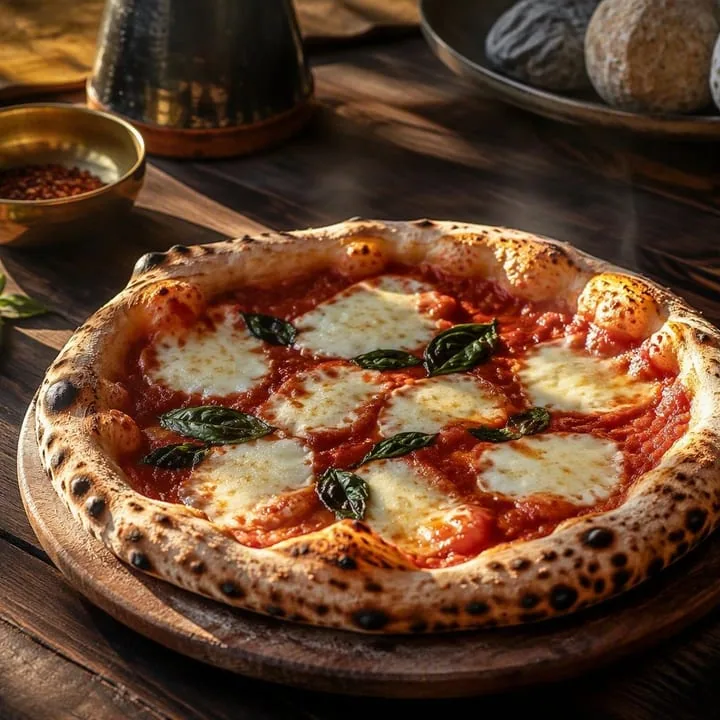 Wood fired Neapolitan pizza on a wooden board at Nouba Restaurant and Rooftop Lounge, C-Scheme Jaipur