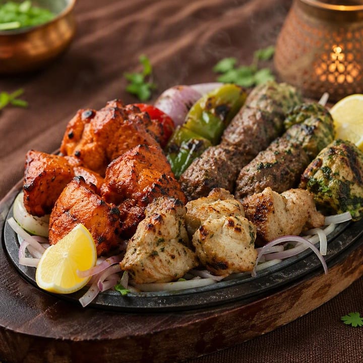 Tandoor grill platter with skewers on a table at Nouba Restaurant and Rooftop Lounge, C-Scheme Jaipur