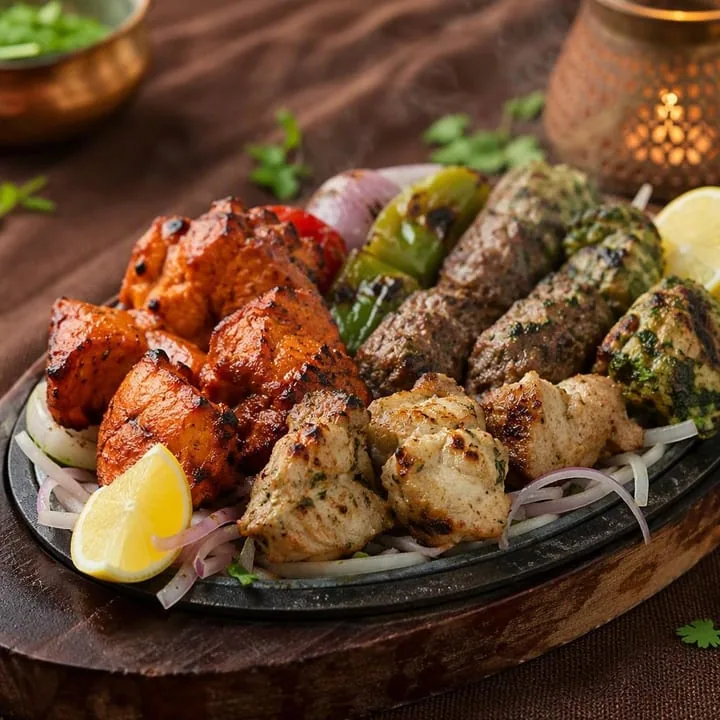 Tandoor grill platter with skewers on a table at Nouba Restaurant and Rooftop Lounge, C-Scheme Jaipur