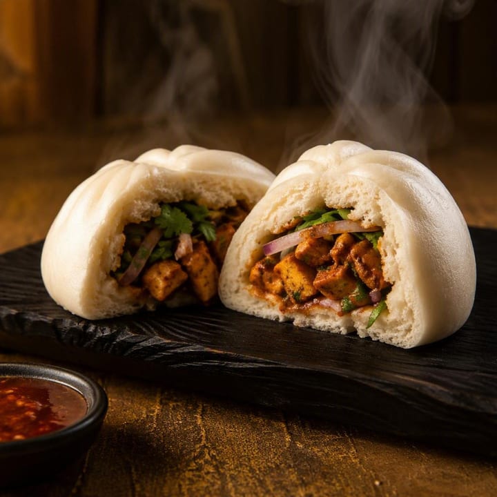 Steaming bao buns on a wooden board with chopsticks at Nouba Restaurant and Rooftop Lounge, C-Scheme Jaipur