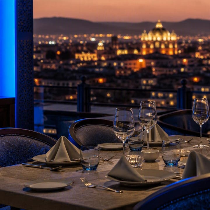 Rooftop table setup with skyline view at night at Nouba Restaurant and Rooftop Lounge, C-Scheme Jaipur